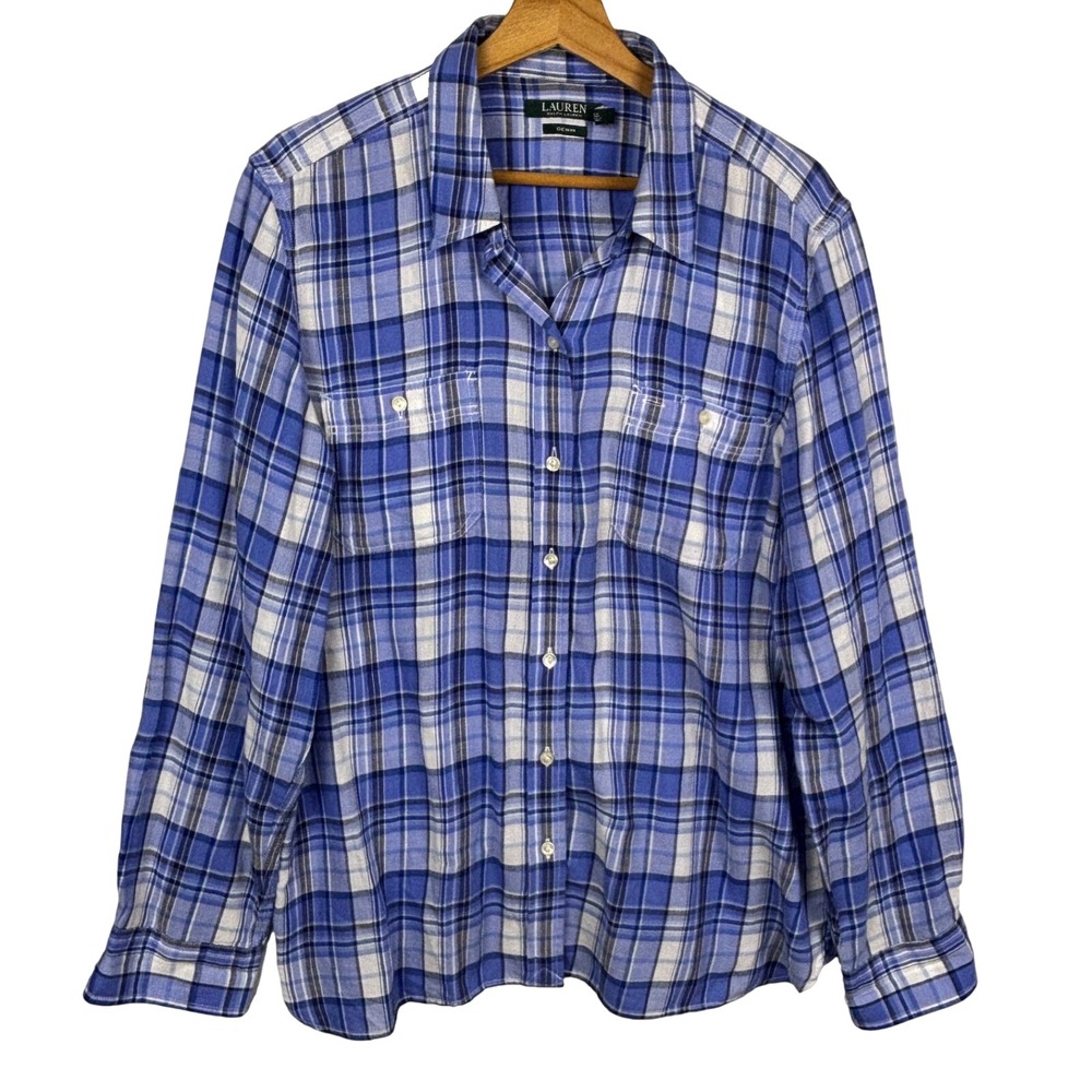 Lauren  Ralph Lauren Women Long Sleeve Button Up Shirt Sz XL Blue Cotton Classic